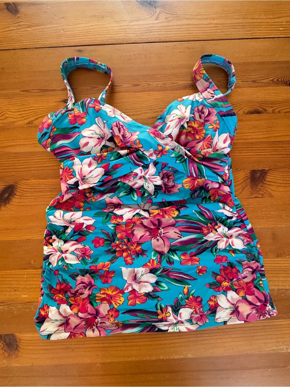 Lands' End Turquoise Swim Tankini Top with Pink & White Floral Trim